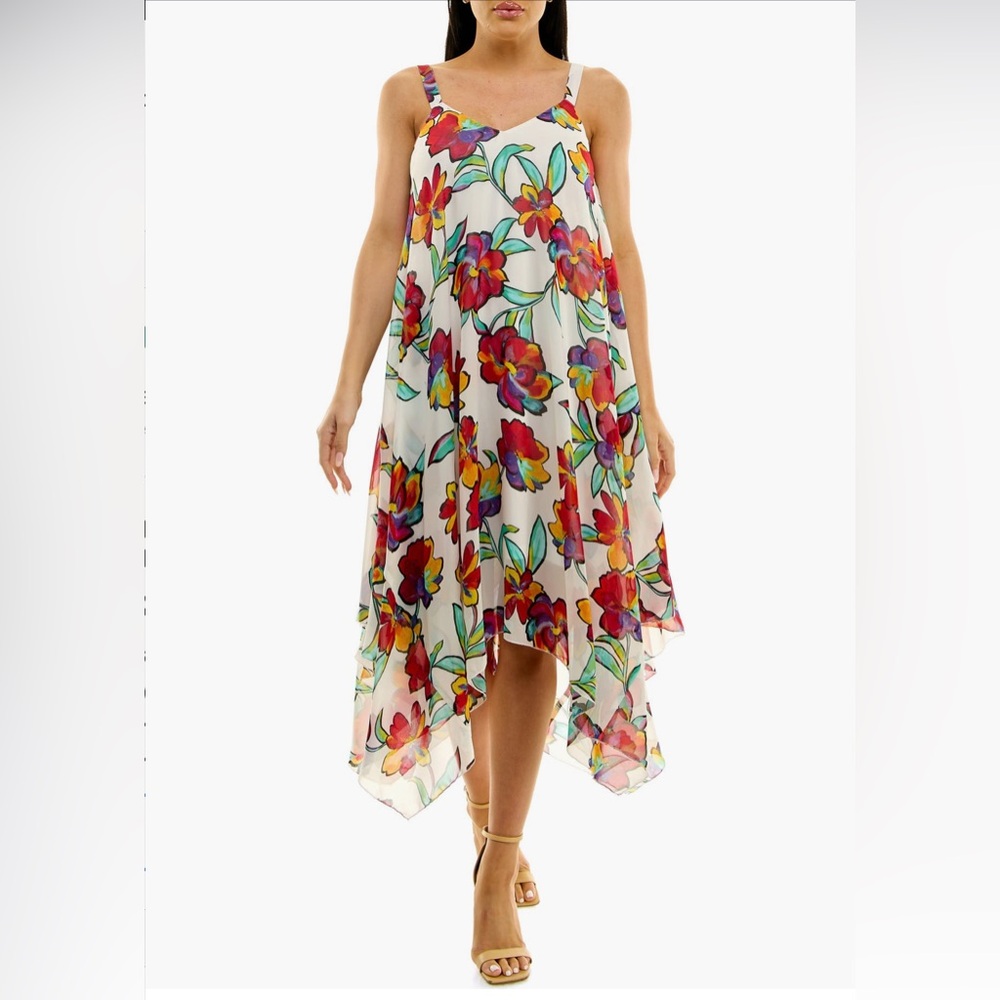 NINA LEONARD PATTERNED HANDKERCHIEF HEM DRESS || LARGE